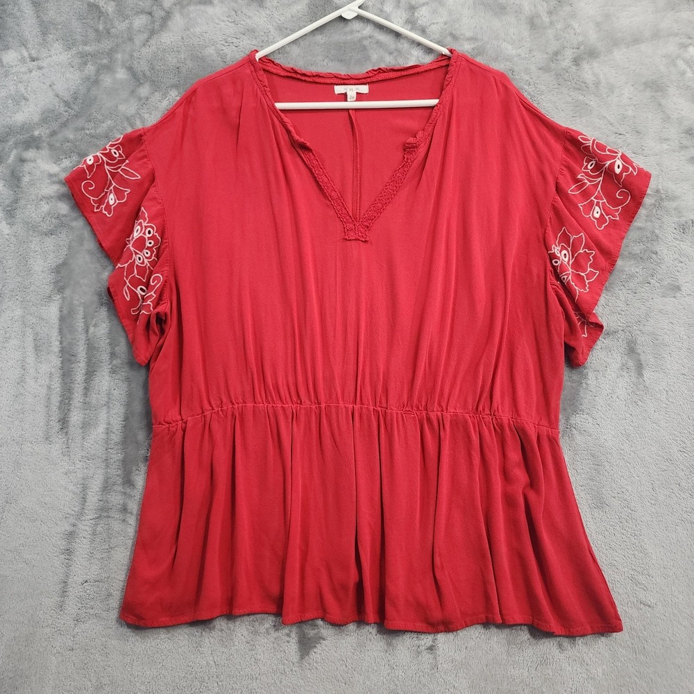 Maurices Top‎ Womens 2X Red Embroidered Flutter Sleeve Peplum Tunic Blouse Boho